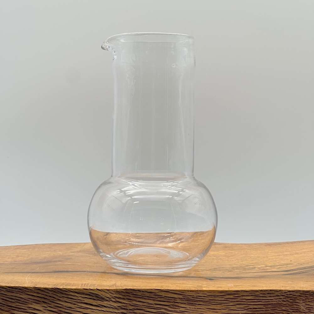 Modernist Clear Glass Bulbous Pitcher Carafe with Integrated Spout 7.5in